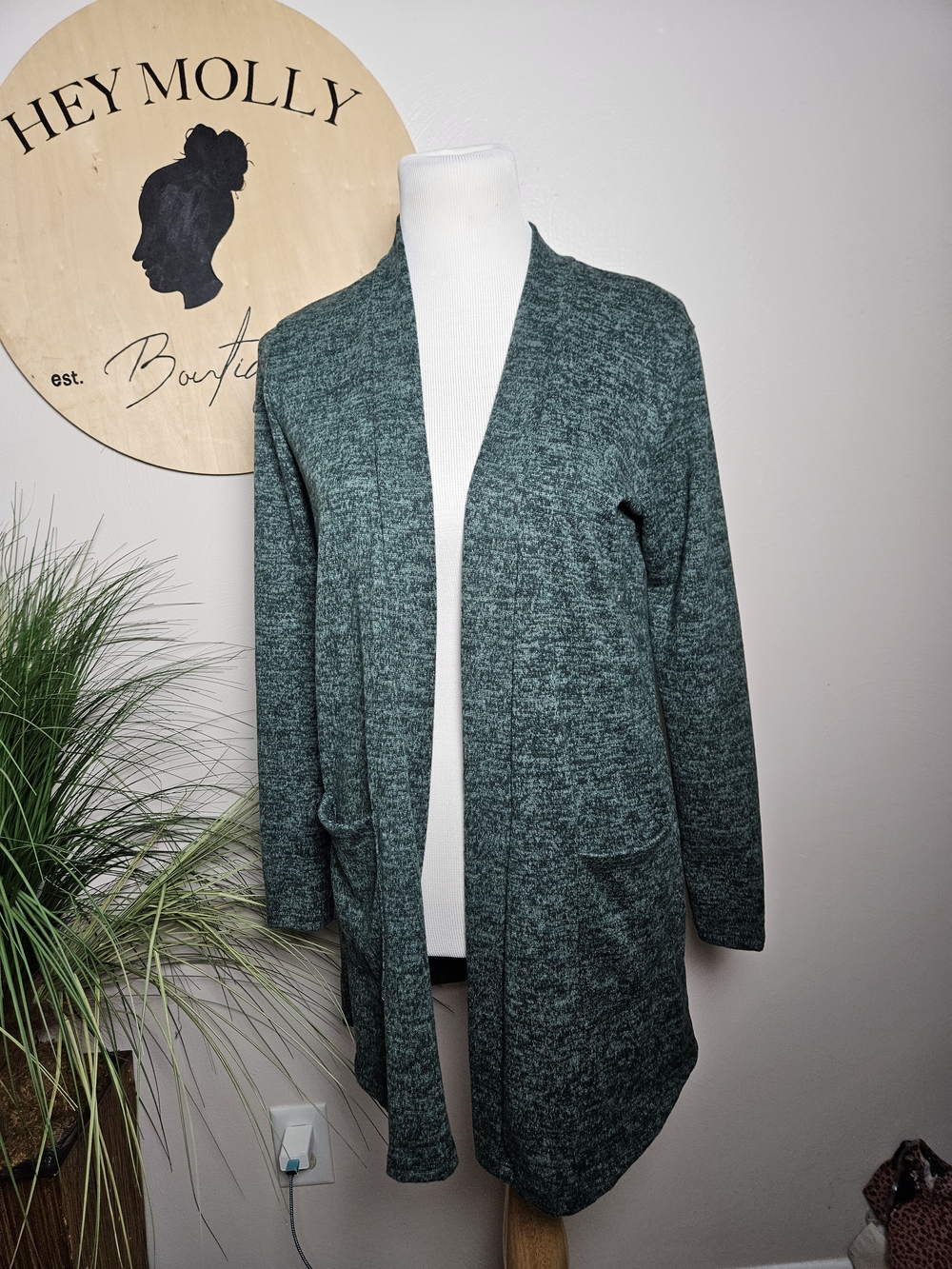 Open-Front Forest Green Marled Cardigan Sweater